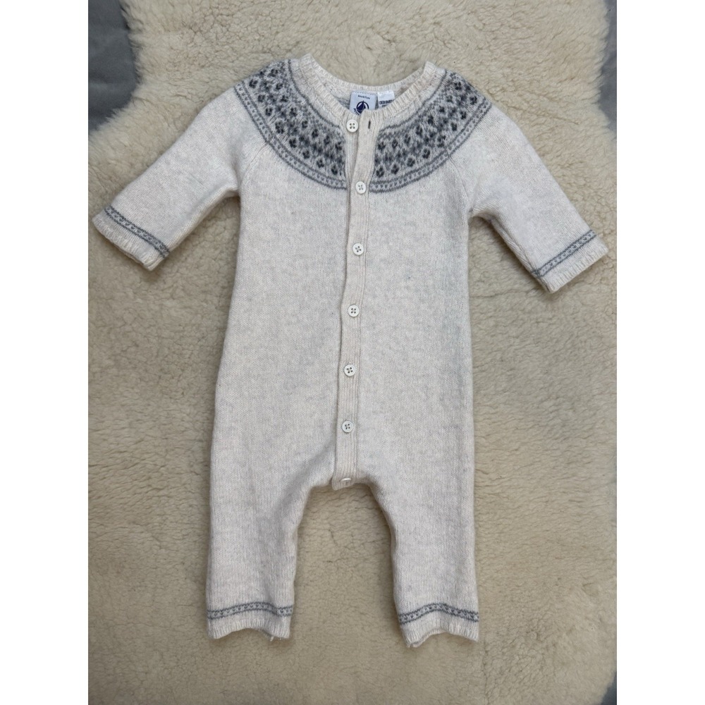 Petit Bateau 6M Baby Wool Alpaca Knit One Piece Romper Fair Isle Nordic Sweater